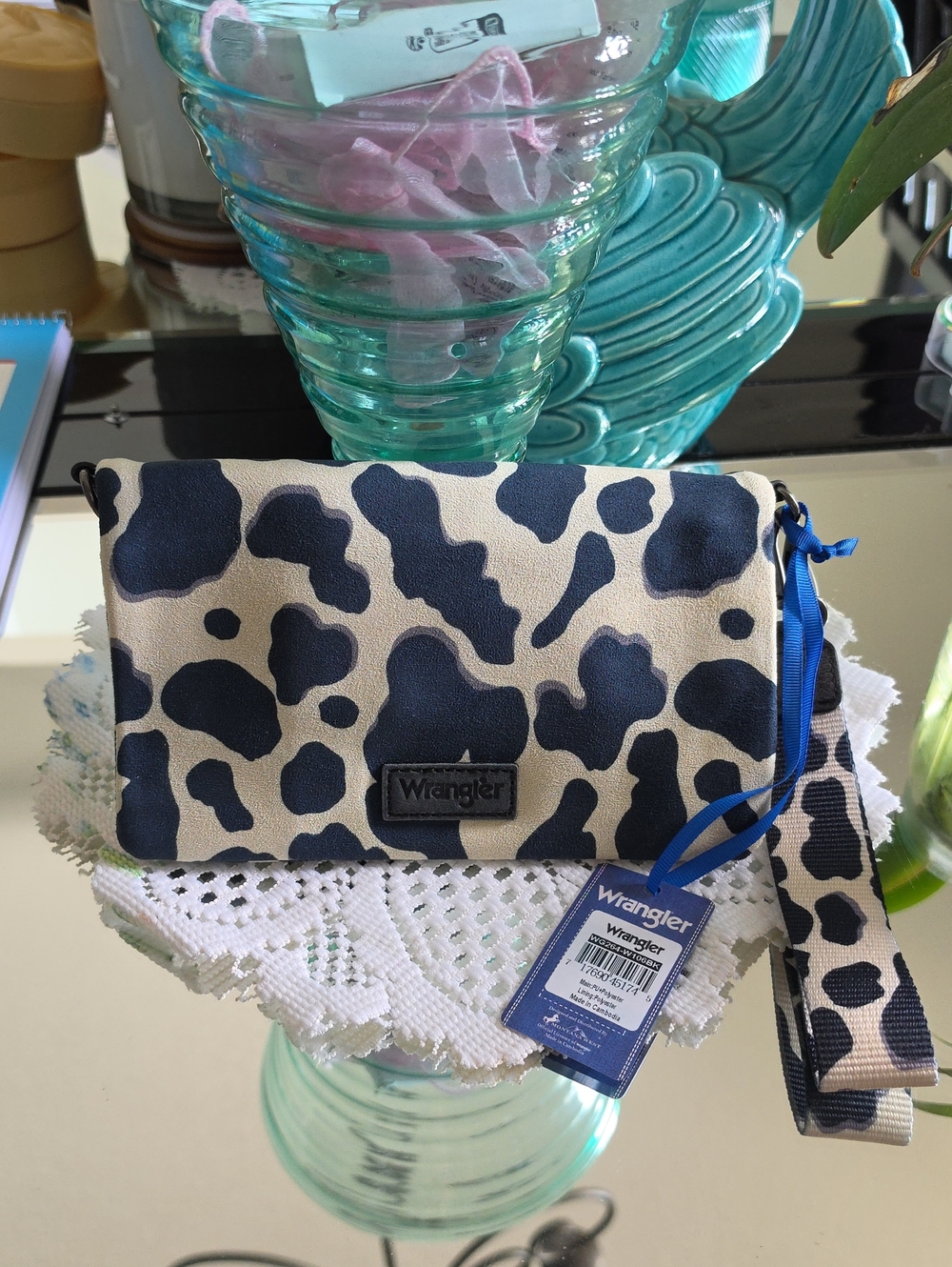 Wrangler Navy and Cream Cow-Print Crossbody/Wristlet